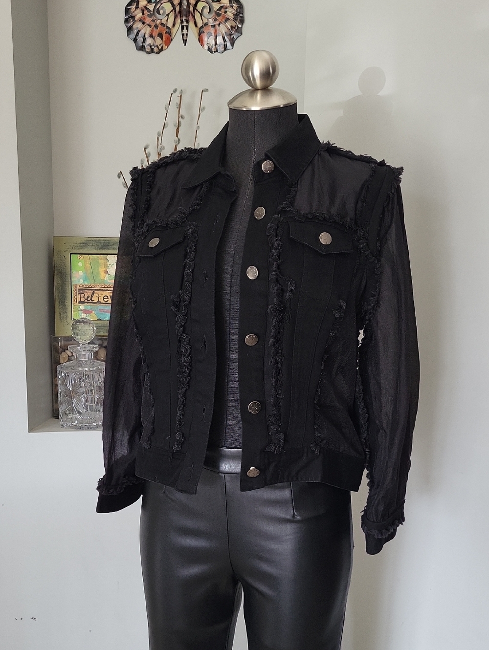 Black Frayed Trim Women's Denim and Lace  Jacket  Classic Button Front sz XS